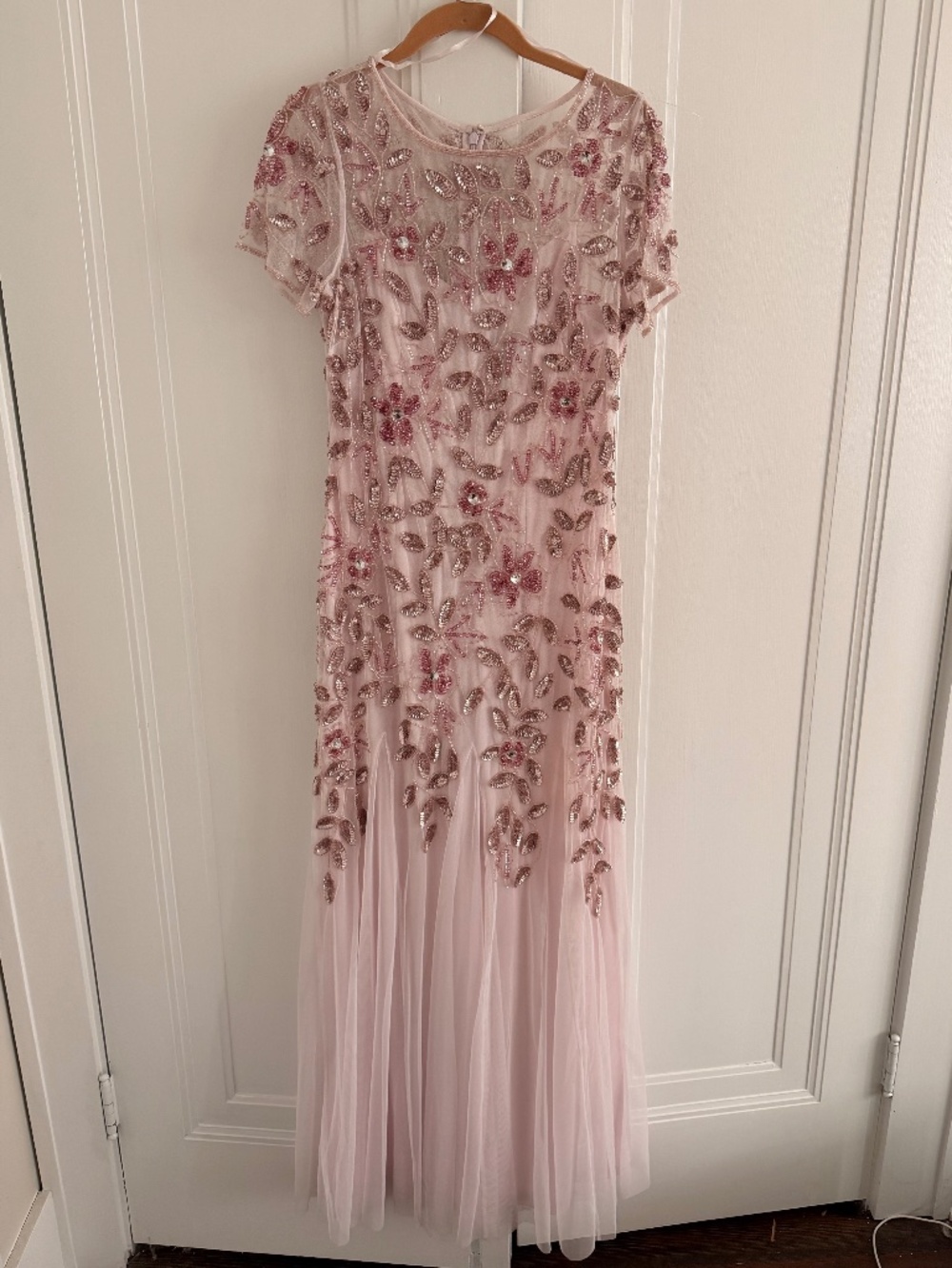 Adrianna Papell Blush Pink Short Sleeve Floral Godet Gown wedding/prom size 8